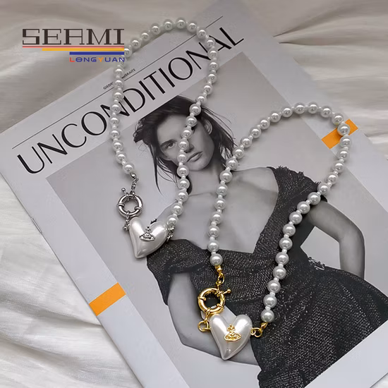 上品なシルバー ハート ロザリオ ビーズ チェーン パール ネックレス レディース